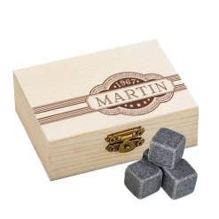 Whisky Steine in Holzkiste mit Gravur - Banderole