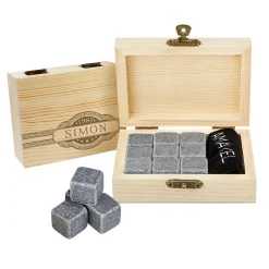 Whisky Steine in Holzkiste mit Gravur - Banderole