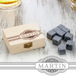 Whisky Steine in Holzkiste mit Gravur - Banderole
